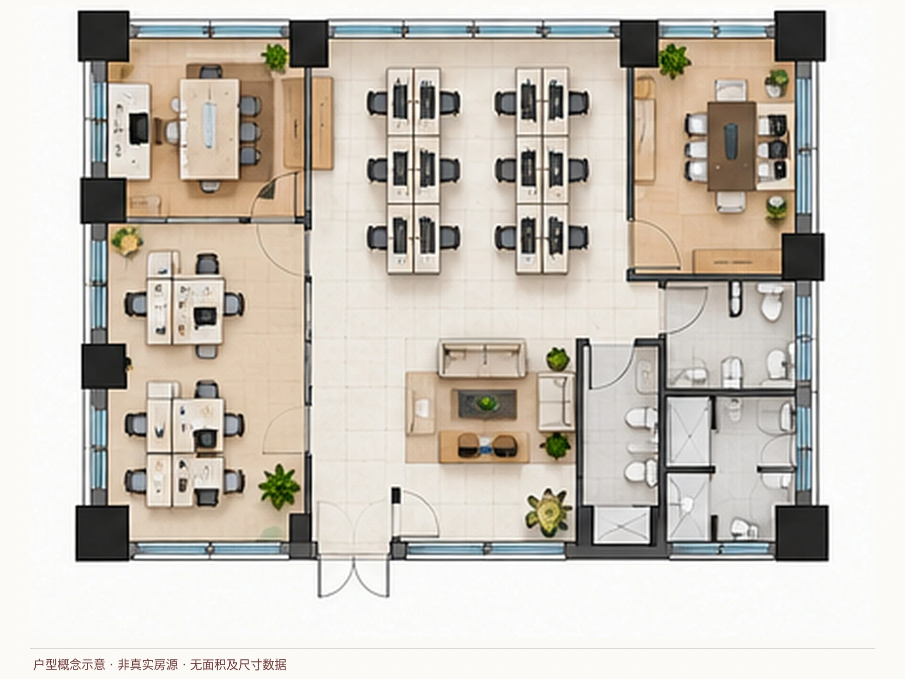 户型概念示意（非真实房源，无面积及尺寸数据）